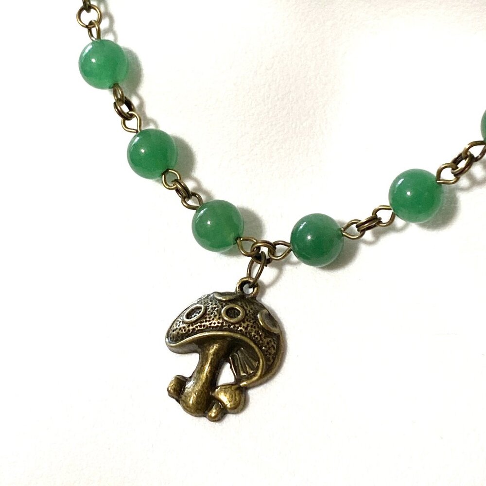 Natural Green Chalcedony Necklace, Cute Bronze Round Mushroom + Genuine Gemstone